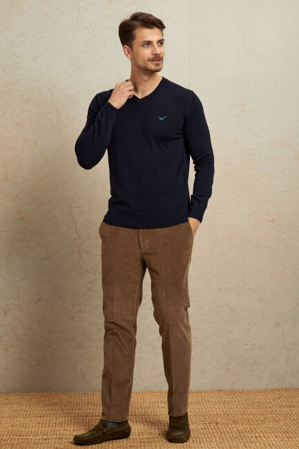Navy Blue 100% Cotton V-Neck Sweater - 4
