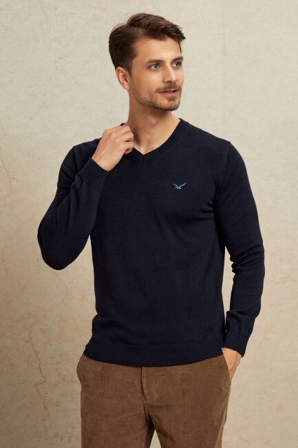 Navy Blue 100% Cotton V-Neck Sweater - 5
