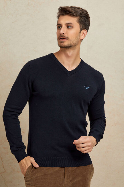 Navy Blue 100% Cotton V-Neck Sweater - 6