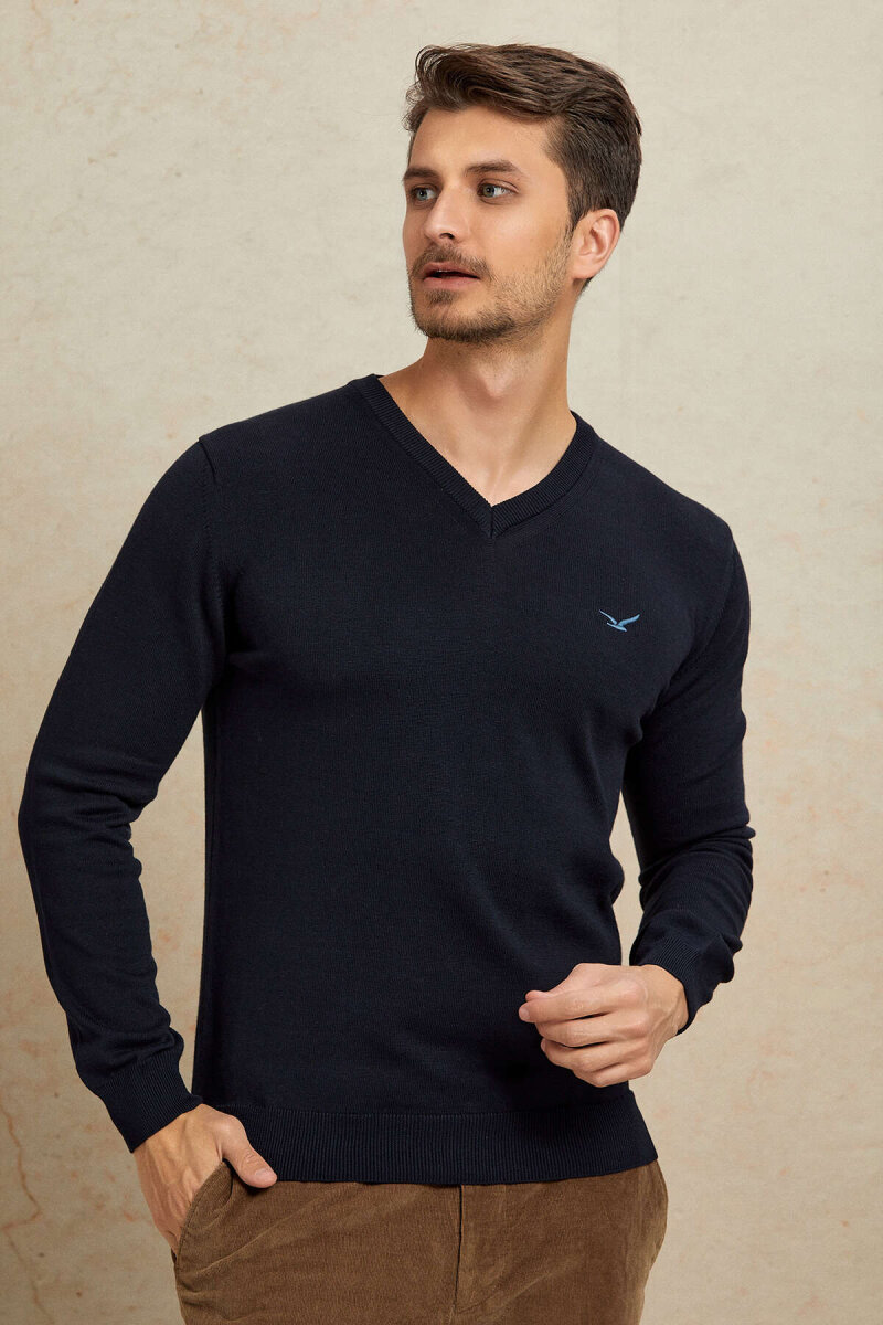 Navy Blue 100% Cotton V-Neck Sweater - 6