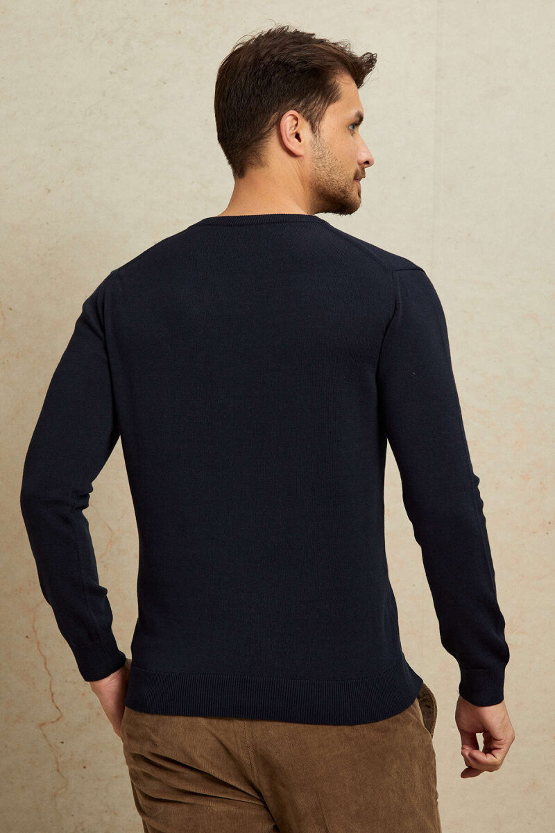 Navy Blue 100% Cotton V-Neck Sweater - 7
