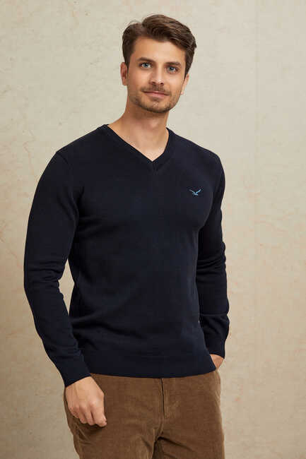 Navy Blue 100% Cotton V-Neck Sweater 