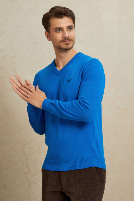 Turquoise 100% Cotton V-Neck Sweater - 2