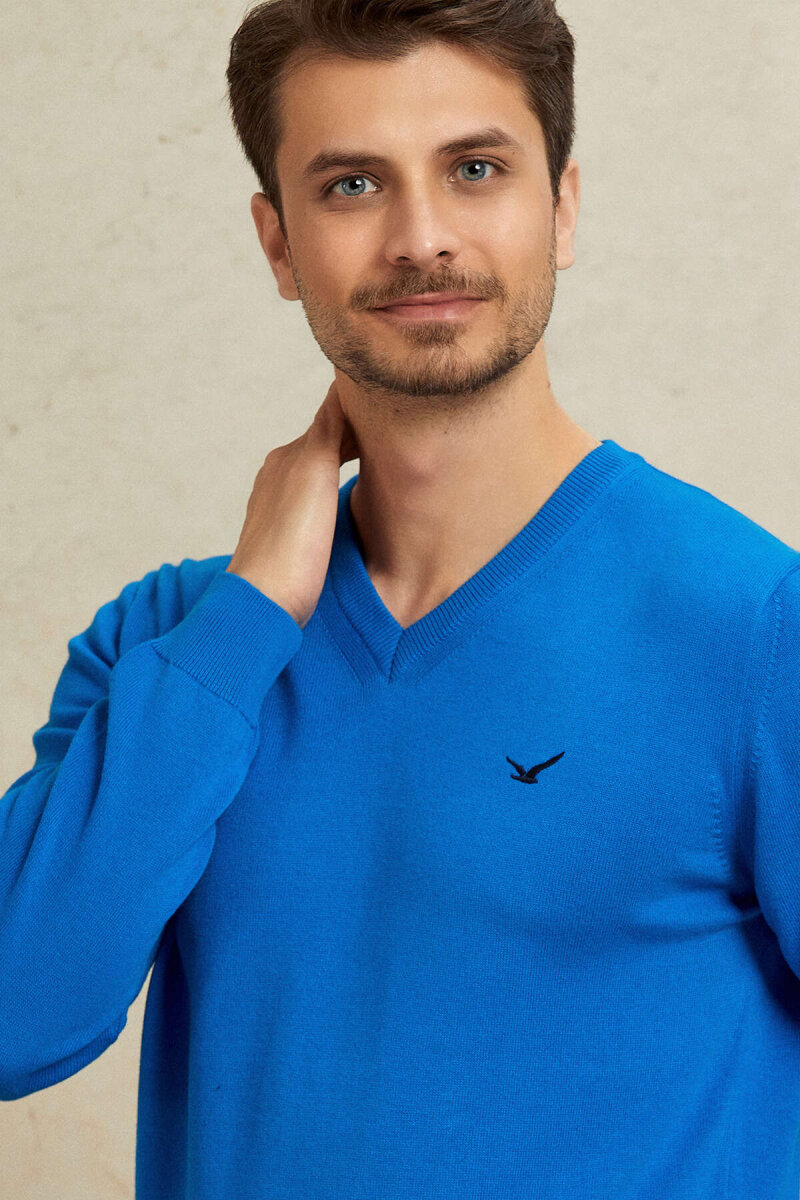 Turquoise 100% Cotton V-Neck Sweater - 3