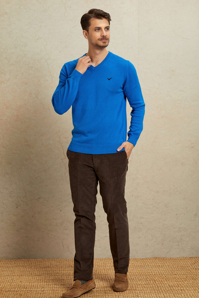 Turquoise 100% Cotton V-Neck Sweater - 4