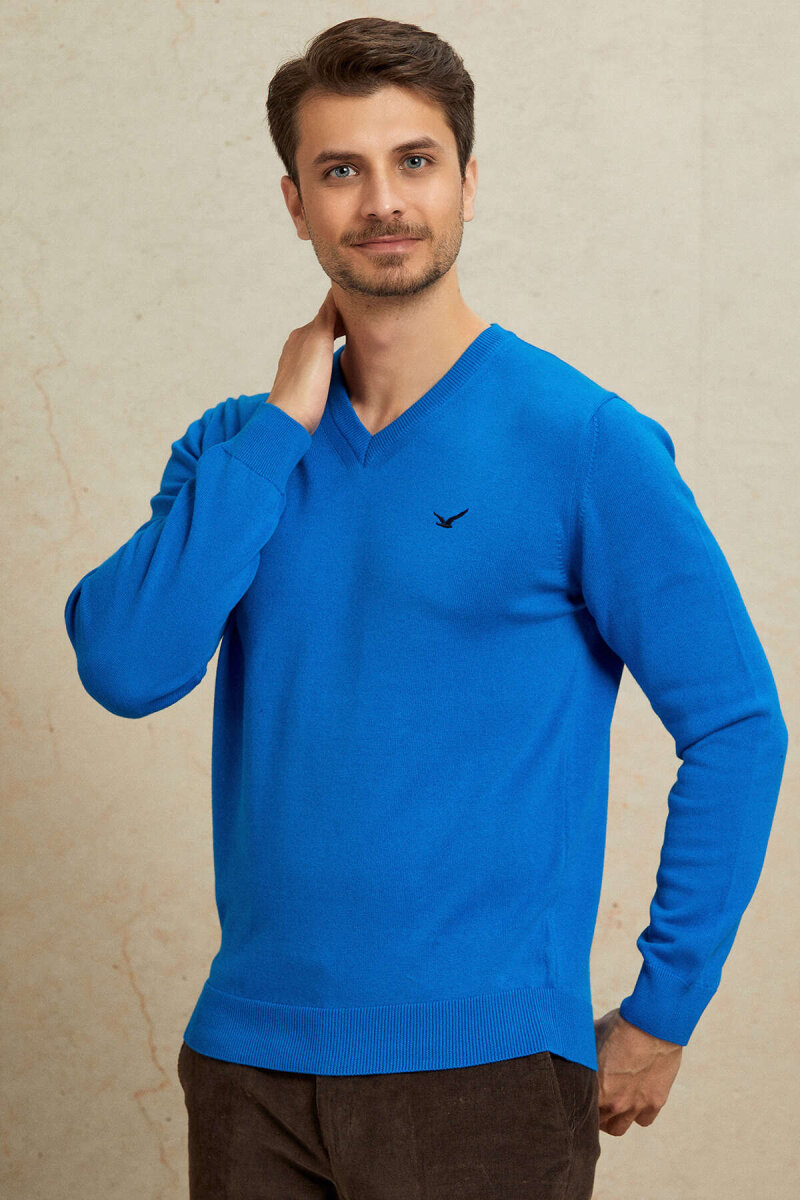 Turquoise 100% Cotton V-Neck Sweater - 5