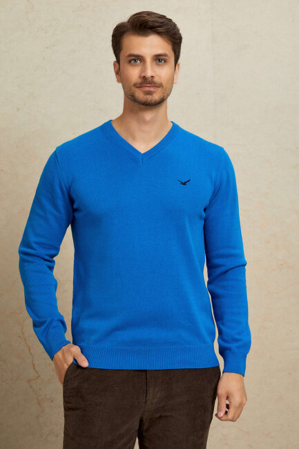 Turquoise 100% Cotton V-Neck Sweater - 6