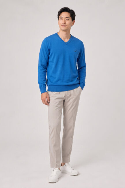 Turquoise 100% Cotton V-Neck Sweater - 4