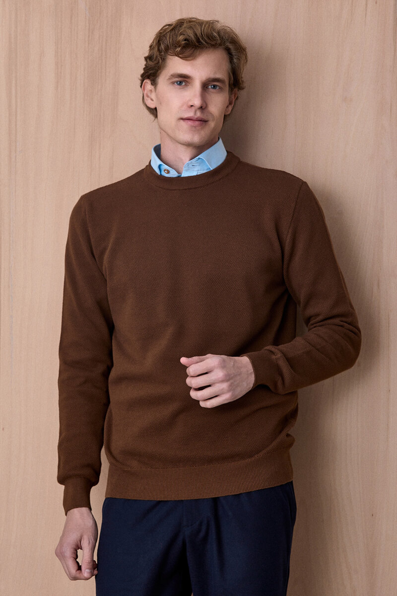 Koyu Bej %100 Pamuk Bisiklet Yaka Kazak - 2