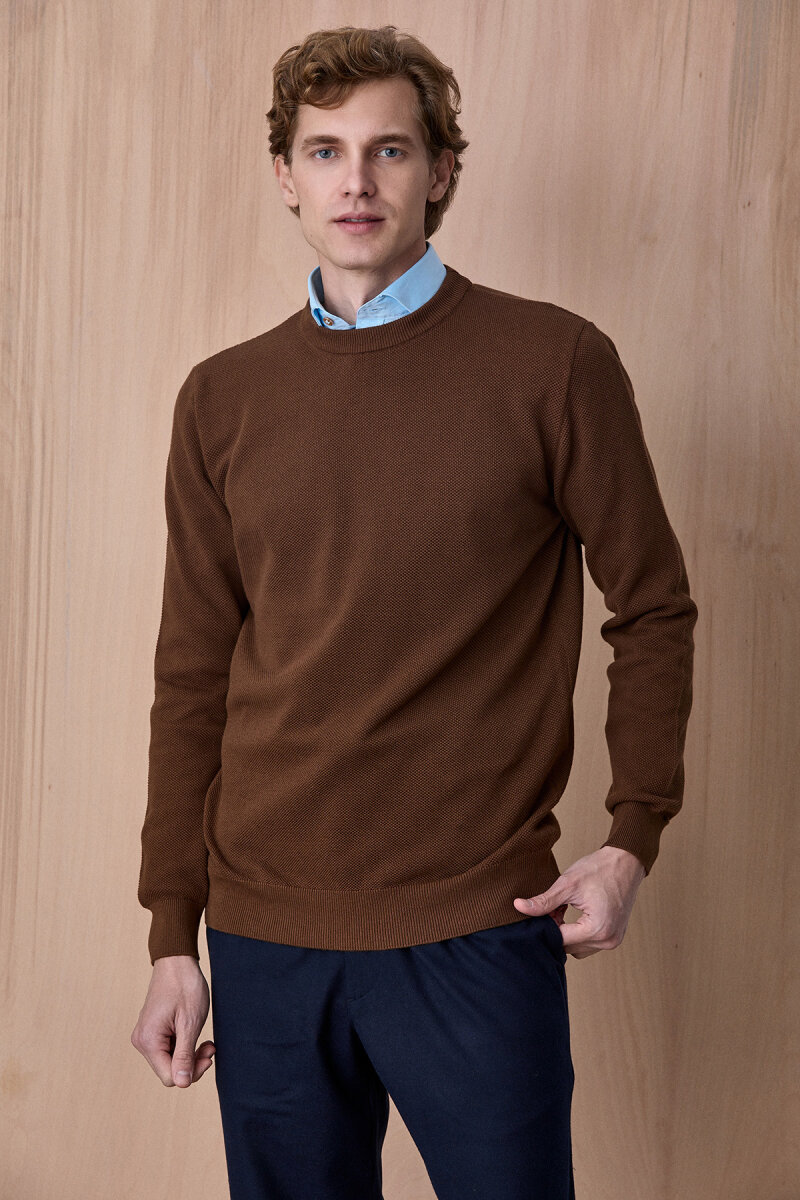 Koyu Bej %100 Pamuk Bisiklet Yaka Kazak - 3