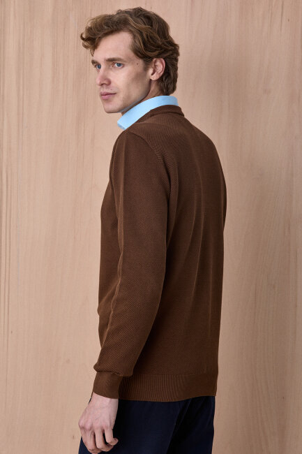 Koyu Bej %100 Pamuk Bisiklet Yaka Kazak - 5