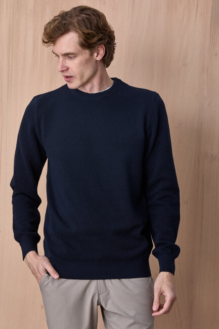 Lacivert %100 Pamuk Bisiklet Yaka Kazak - 1