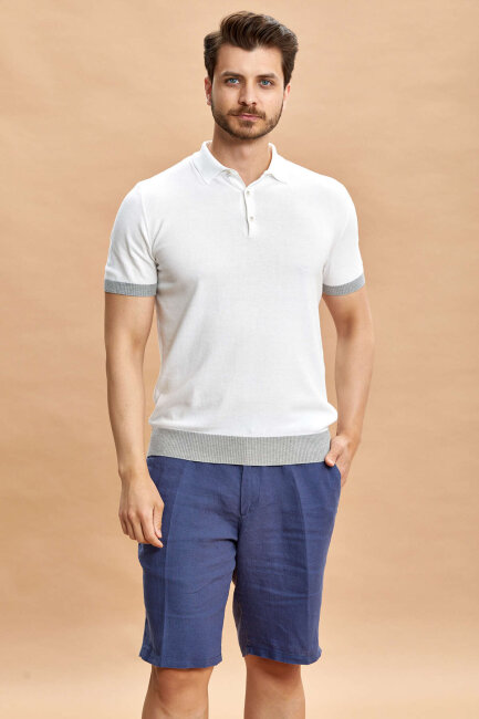 Beyaz - Gri Polo Triko Tişört - 1