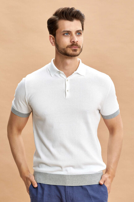 Beyaz - Gri Polo Triko Tişört - 2