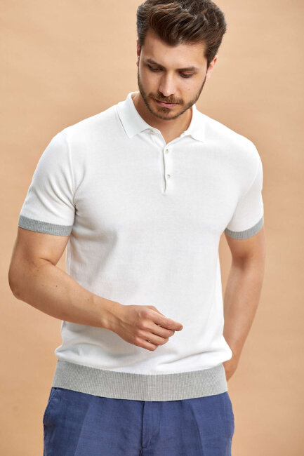 Beyaz - Gri Polo Triko Tişört - 3