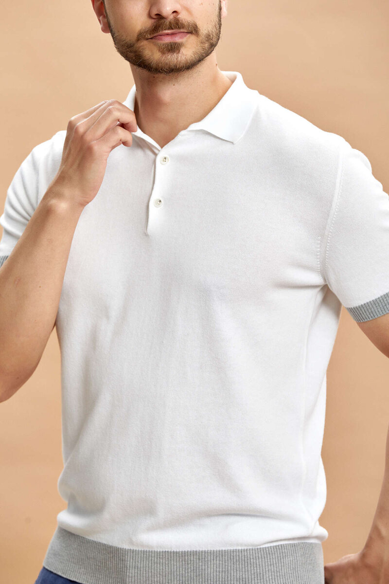 Beyaz - Gri Polo Triko Tişört - 6