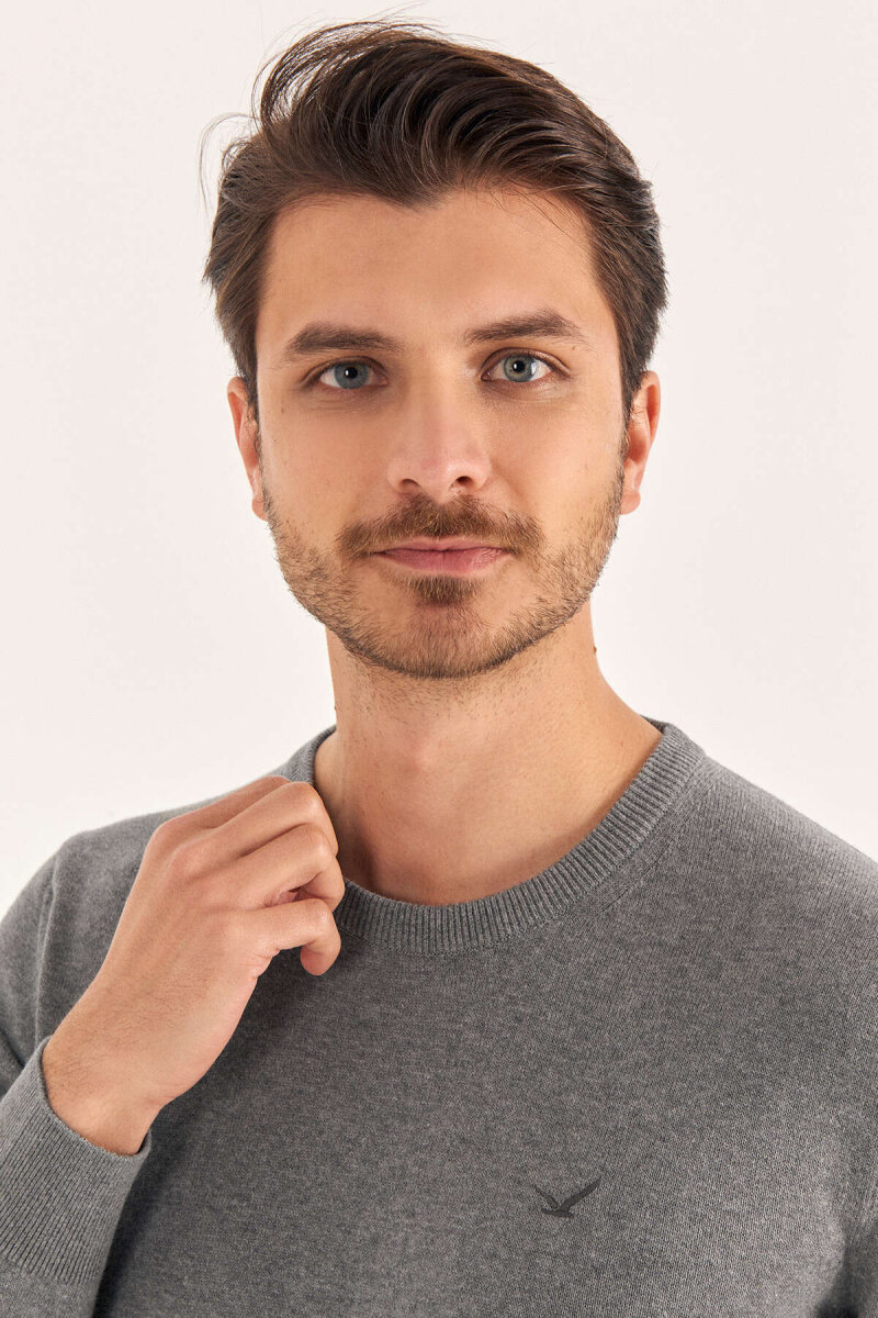 Grey Melange 100% Cotton Crew Neck Sweater - 3