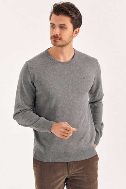 Grey Melange 100% Cotton Crew Neck Sweater - 1