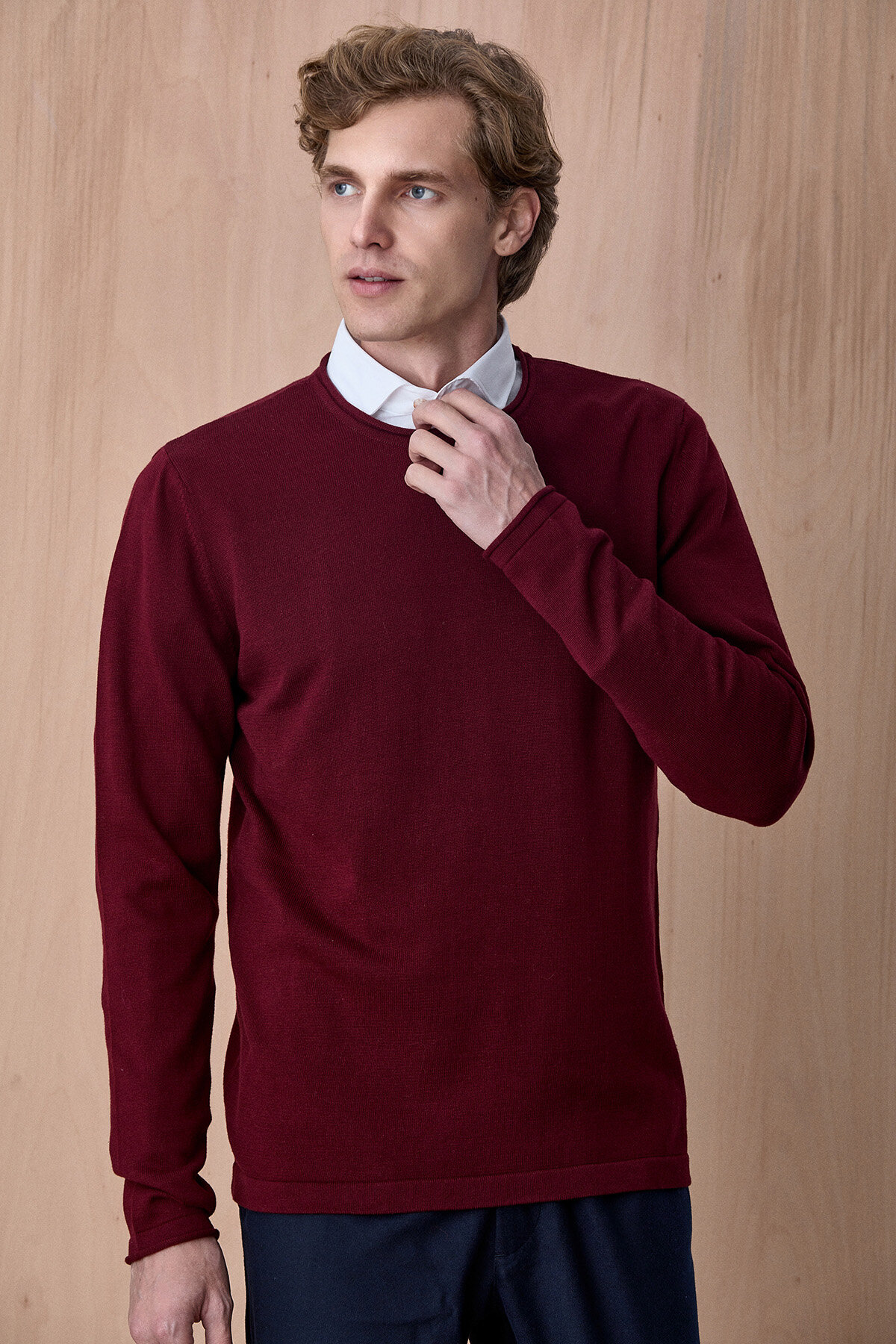 Bordo %100 Pamuk Bisiklet Yaka Kazak - 4