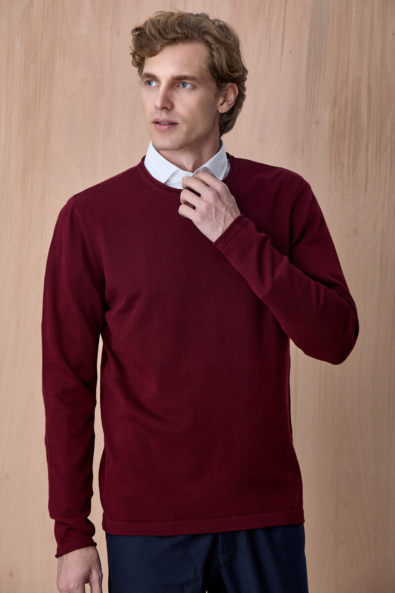 Bordo %100 Pamuk Bisiklet Yaka Kazak - 4