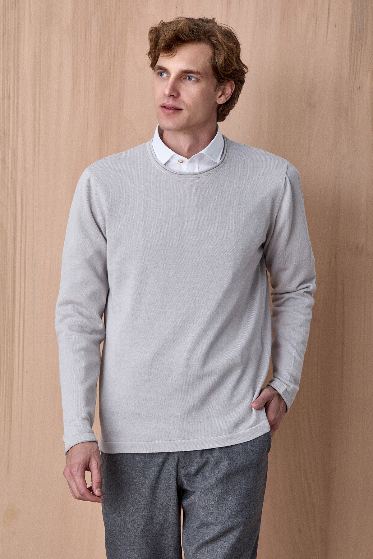 Buz Grisi %100 Pamuk Bisiklet Yaka Kazak - 3