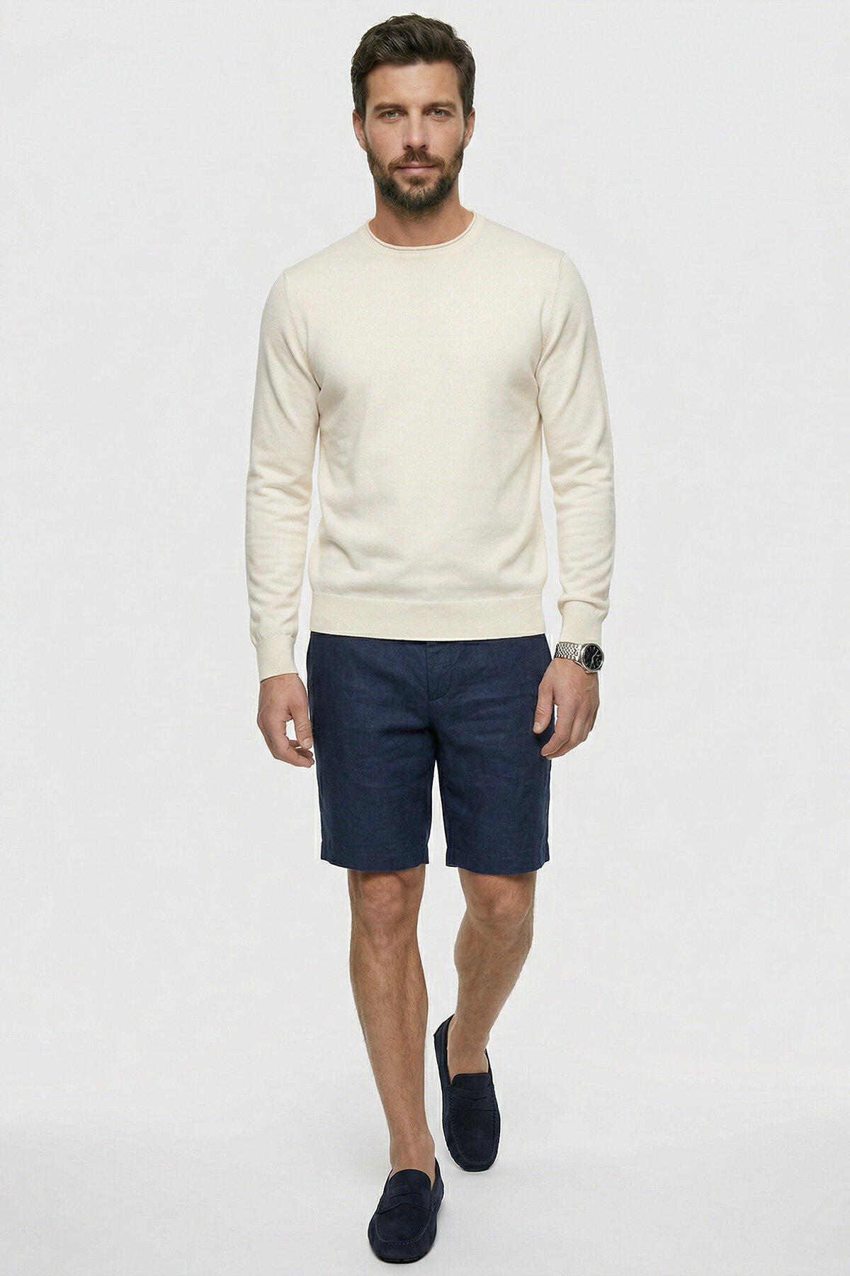 Kırık Beyaz %100 Pamuk Uzun Kollu İnce Kazak - 2