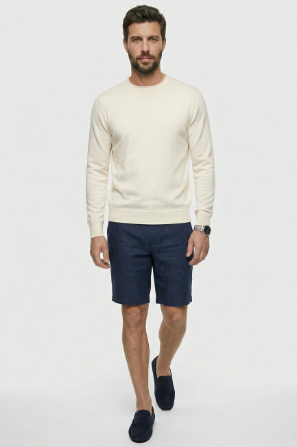 Kırık Beyaz %100 Pamuk Uzun Kollu İnce Kazak (1)