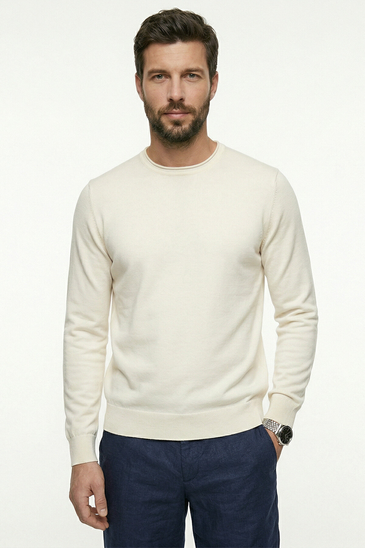 Kırık Beyaz %100 Pamuk Uzun Kollu İnce Kazak - 3