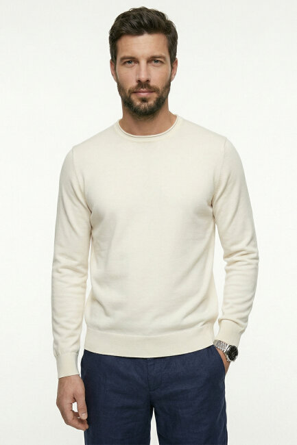 Kırık Beyaz %100 Pamuk Uzun Kollu İnce Kazak - 3