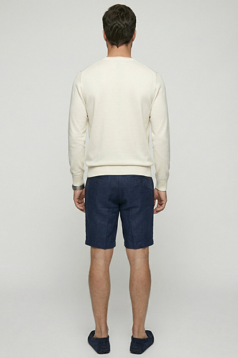 Kırık Beyaz %100 Pamuk Uzun Kollu İnce Kazak - 3