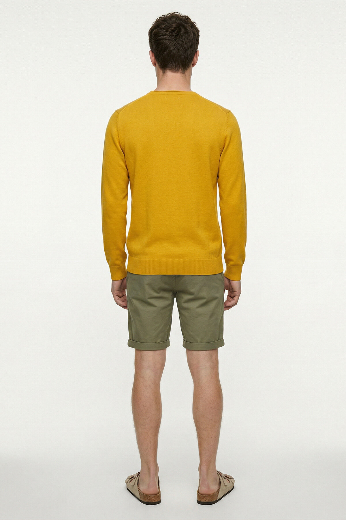 Sarı %100 Pamuk Uzun Kollu İnce Kazak - 6