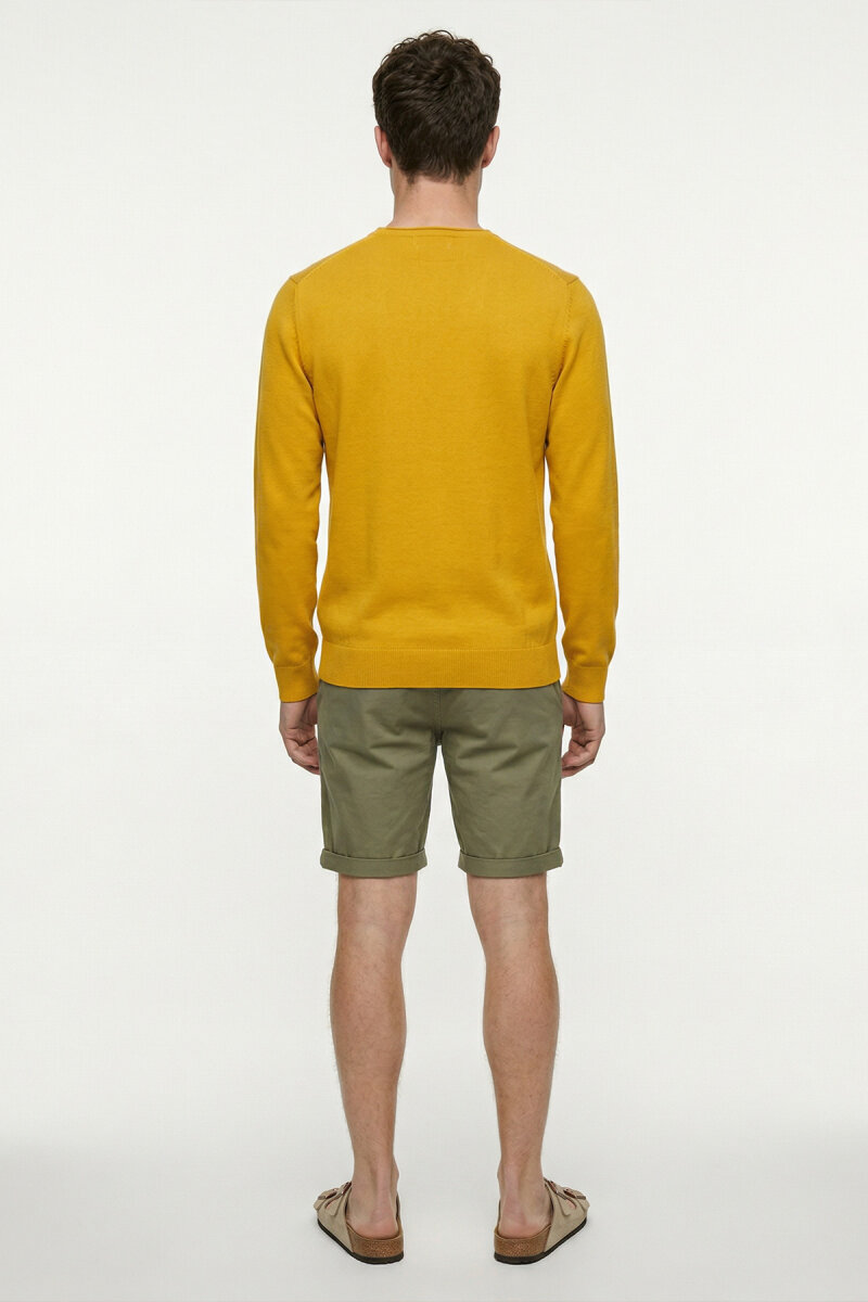 Sarı %100 Pamuk Uzun Kollu İnce Kazak - 6