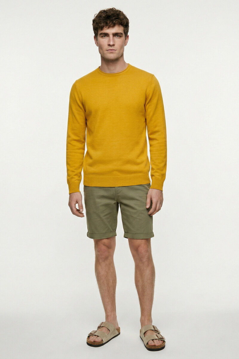 Sarı %100 Pamuk Uzun Kollu İnce Kazak - 5