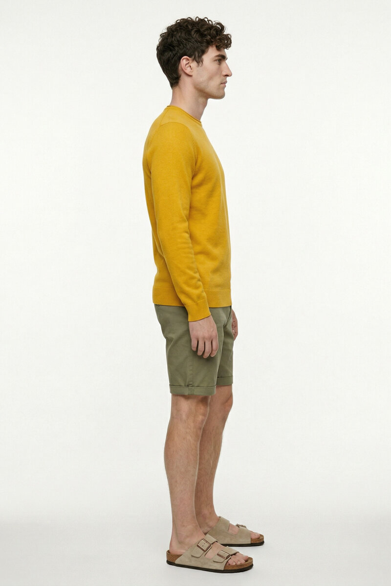 Sarı %100 Pamuk Uzun Kollu İnce Kazak - 4