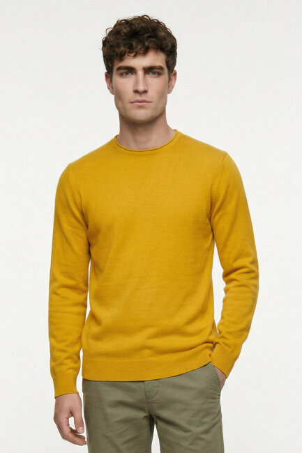 Sarı %100 Pamuk Uzun Kollu İnce Kazak 