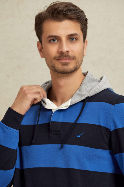 Navy Blue - Royal 100% Cotton Hooded Sweatshirt - 2