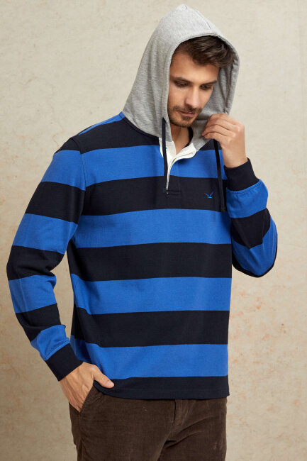 Navy Blue - Royal 100% Cotton Hooded Sweatshirt - 3
