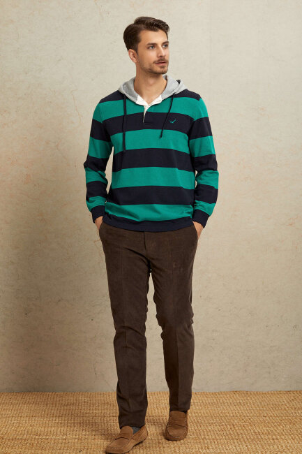 Navy Blue - Green 100% Cotton Hooded Sweatshirt - 3