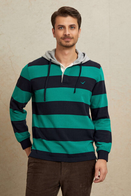 Navy Blue - Green 100% Cotton Hooded Sweatshirt - 5