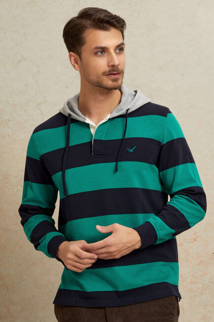 Navy Blue - Green 100% Cotton Hooded Sweatshirt - 6