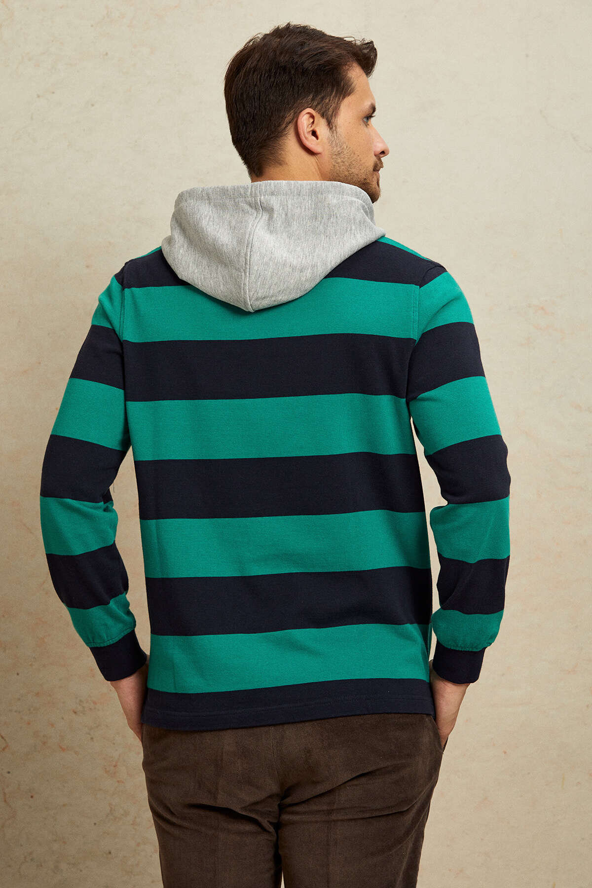 Navy Blue - Green 100% Cotton Hooded Sweatshirt - 7
