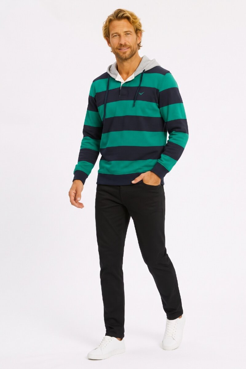 Navy Blue - Green 100% Cotton Hooded Sweatshirt - 3