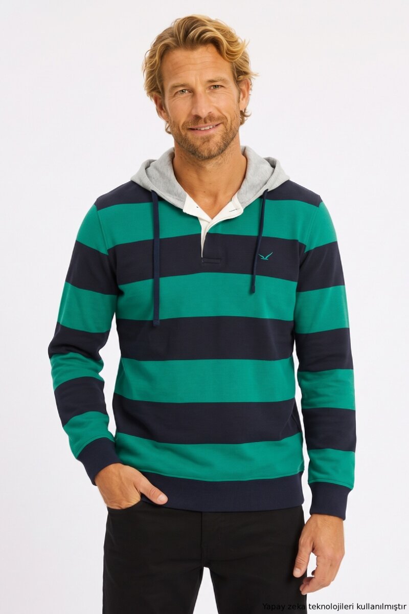 Navy Blue - Green 100% Cotton Hooded Sweatshirt - 1