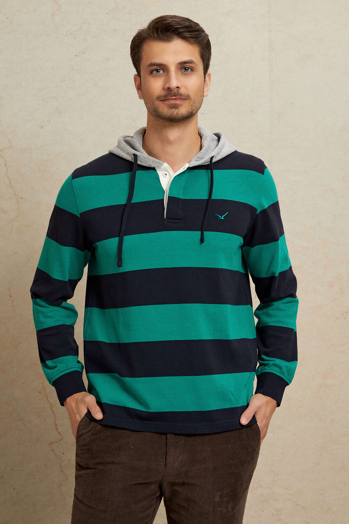 Navy Blue - Green 100% Cotton Hooded Sweatshirt - 1