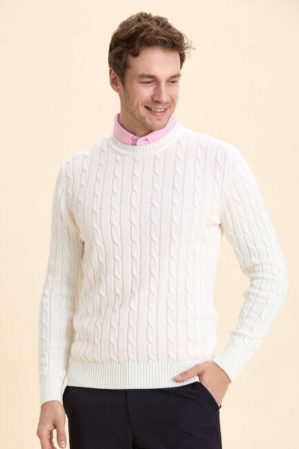 Off-White 100% Cotton Cable Knit Crew Neck Sweater - 2