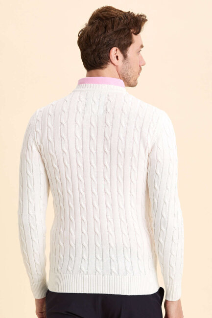 Off-White 100% Cotton Cable Knit Crew Neck Sweater - 6