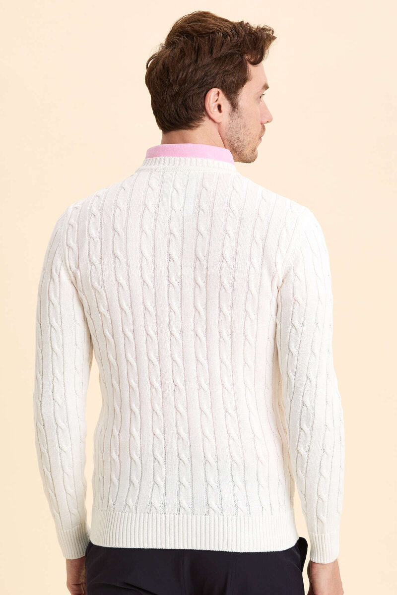 Off-White 100% Cotton Cable Knit Crew Neck Sweater - 6