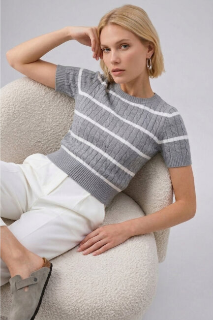 Gri %100 Pamuk Çizgili Triko Kazak - 3