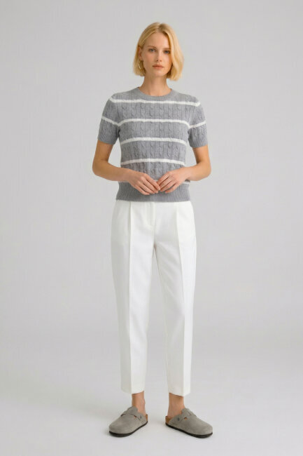Gri %100 Pamuk Çizgili Triko Kazak - 4