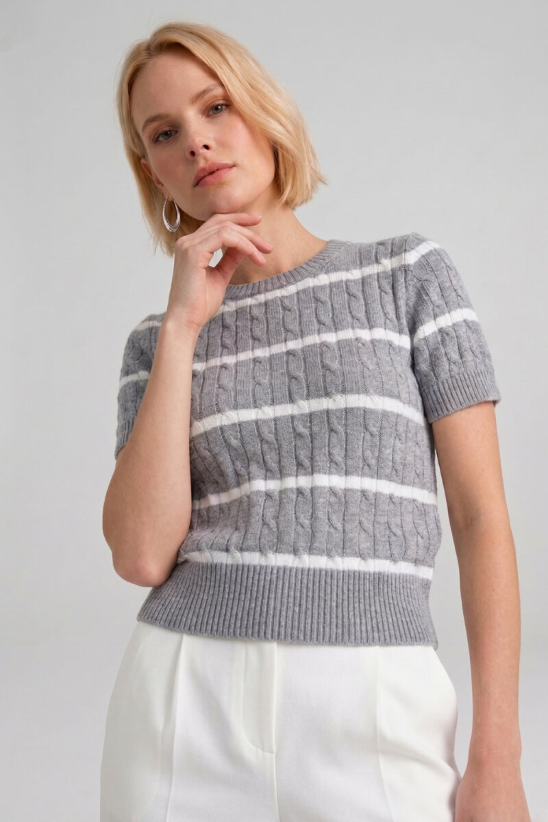 Gri %100 Pamuk Çizgili Triko Kazak - 1